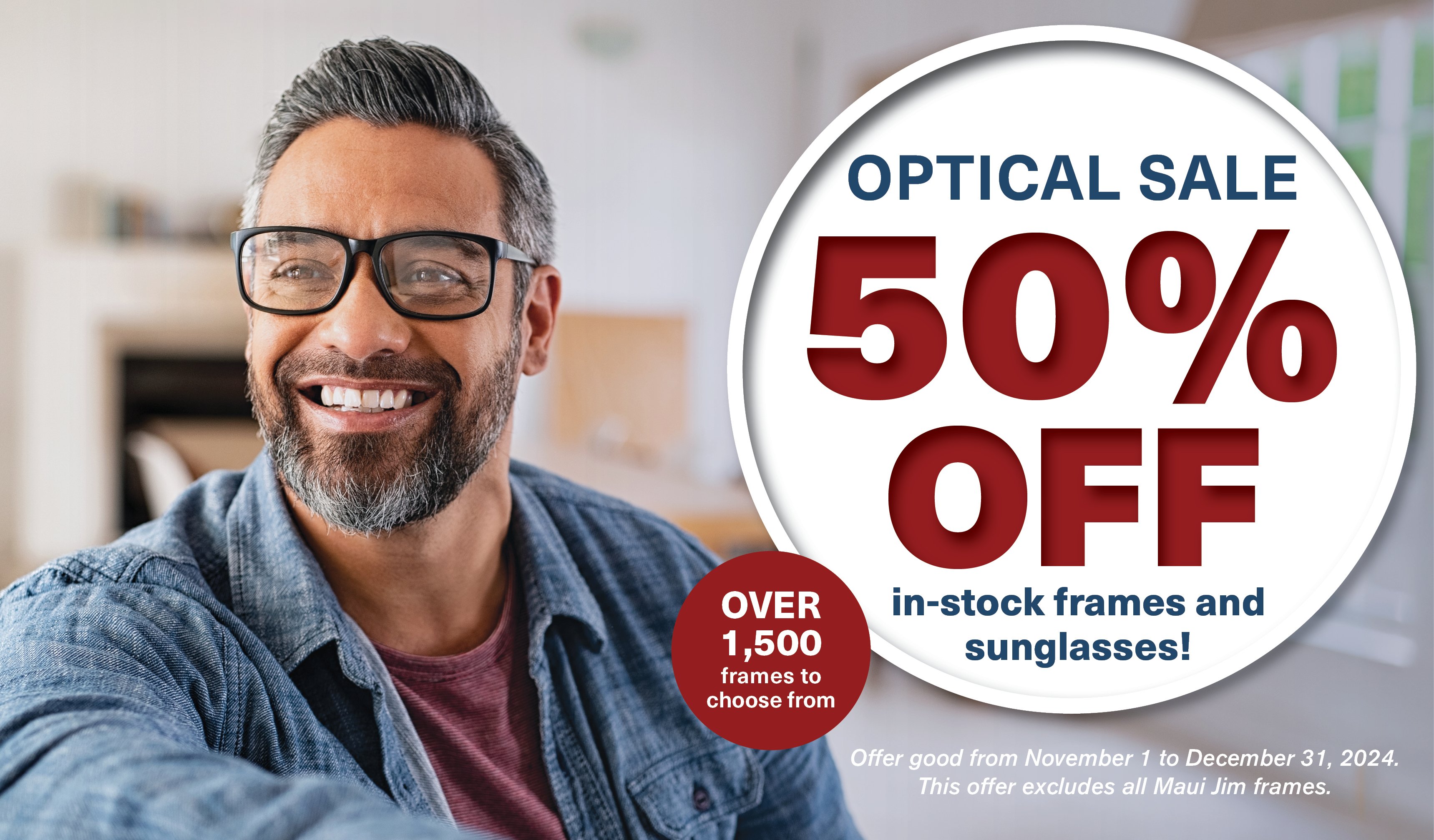 50% off in-stock frames and sunglasses optical sale.